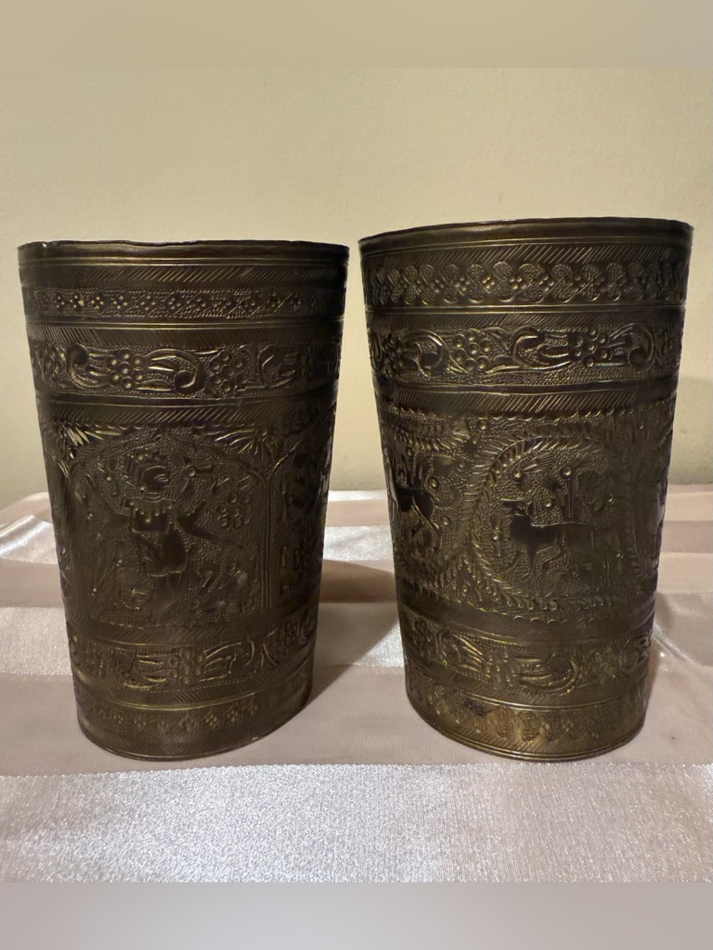 Vintage Hand Chased Brass Repoussé Tumblers - Ornate Indo-Persian Cups Pair Boho